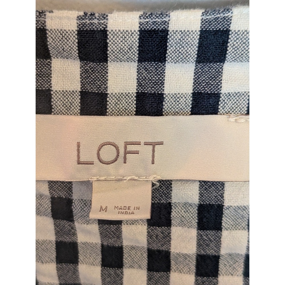 Loft Navy Blue‎ White Gingham Wrap Top Short Sleeve V-Neck Blouse Womens Medium